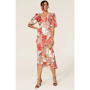 Ronny Kobo Teresa Short Puff Sleeve Midi Dress Printed Red Women's Size Small